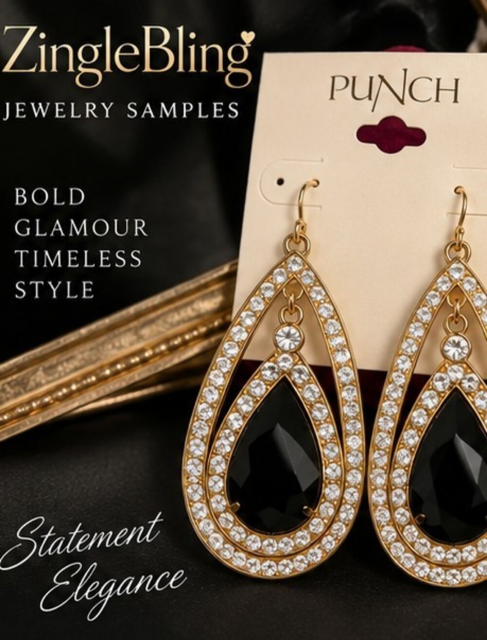 PUNCH Jewelry Sample Black Glass Crystal Gold Tone Teardrop Earrings